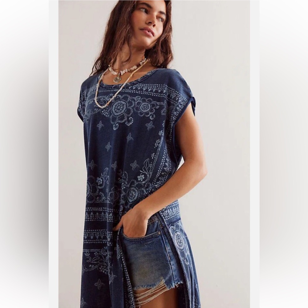 Free People Navy Blue Bandana Print Short Sleeve Tunic